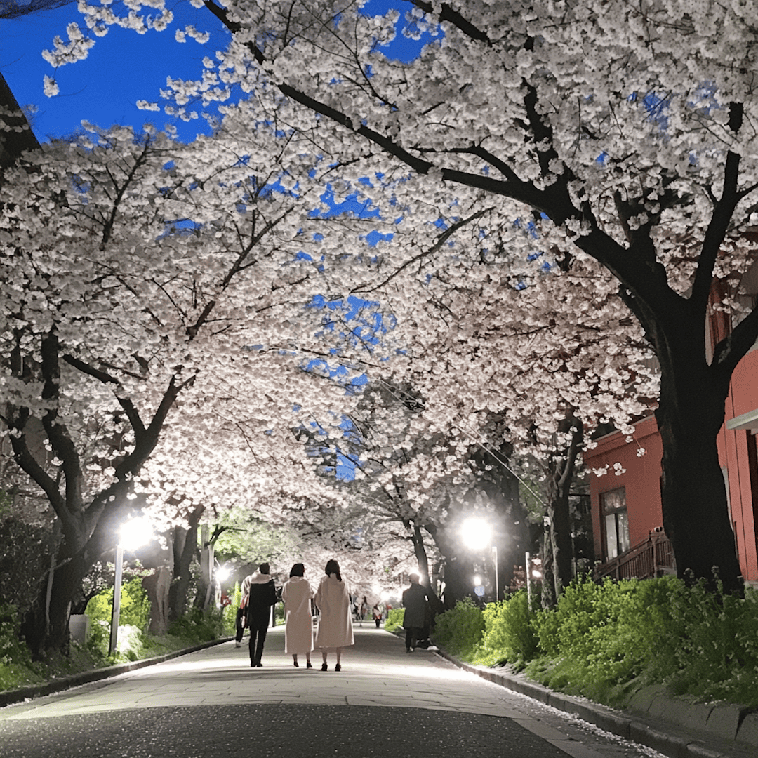 밝은 조명 아래 벚꽃이 가득한 거리와 나란히 걷는 사람들