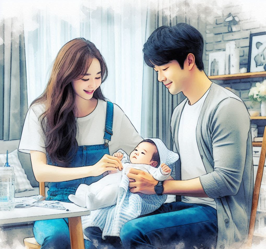 아기를 돌보는 부부
