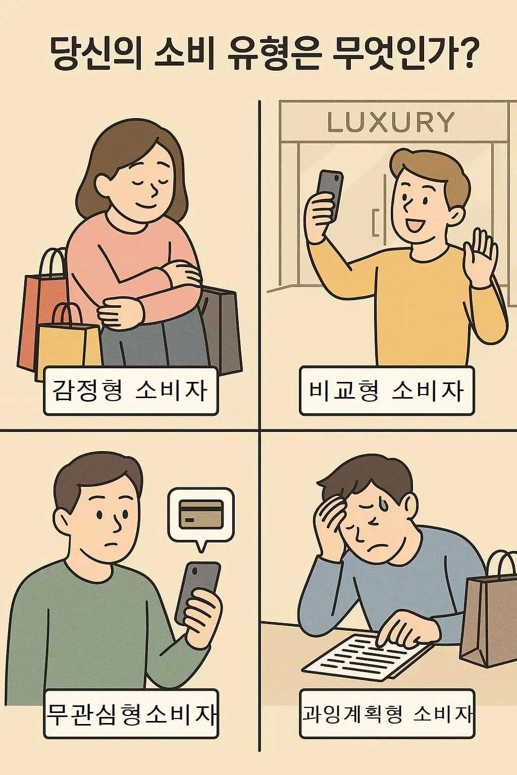 감정형, 비교형, 무관심형, 과잉계획형 등 소비 유형별 행동을 보여주는 네 명의 캐릭터 이미지.