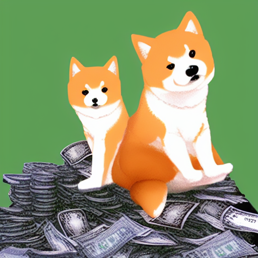 painting of shiba-inu sitting on the pile of money