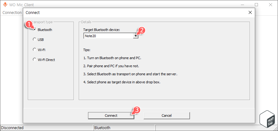 Target Bluetooth device 선택 및 연결