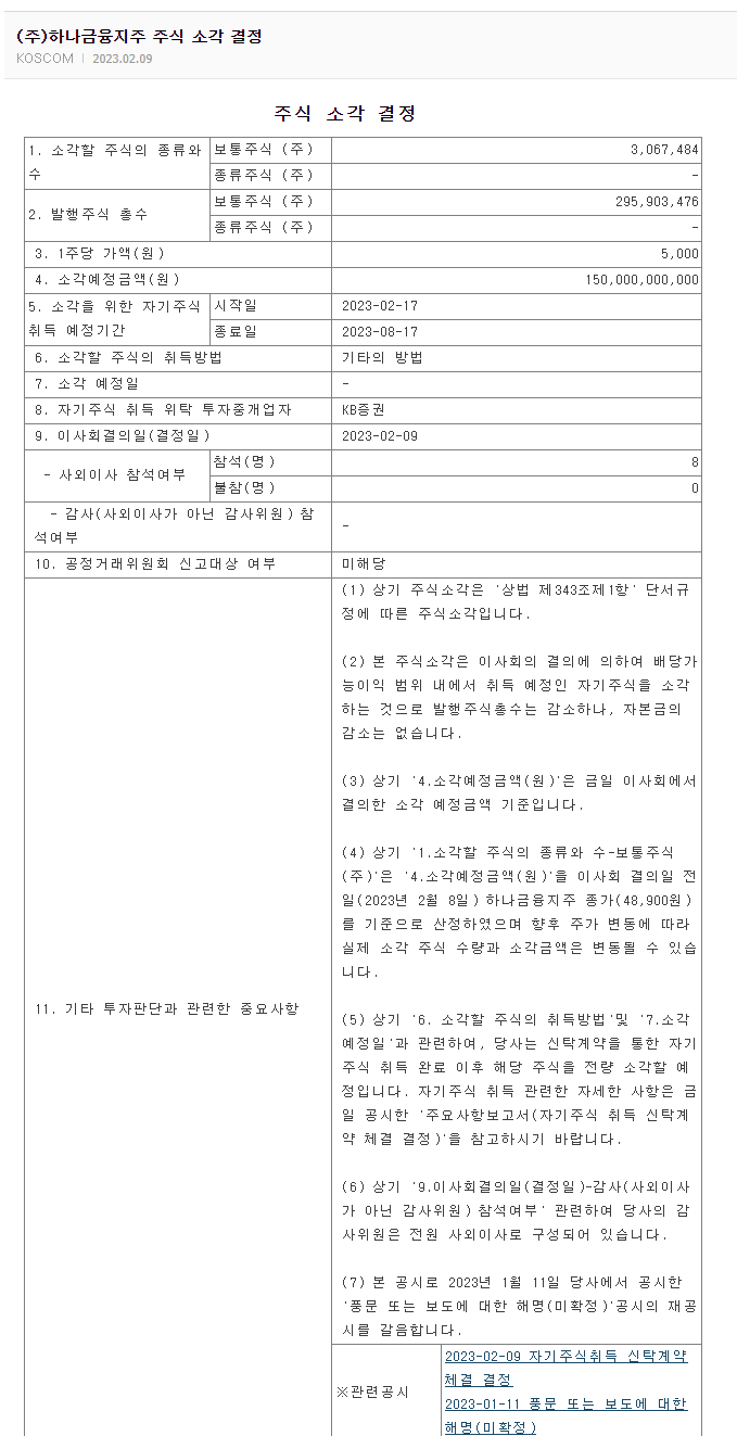 하나금융지주 주식 소각 결정 공시