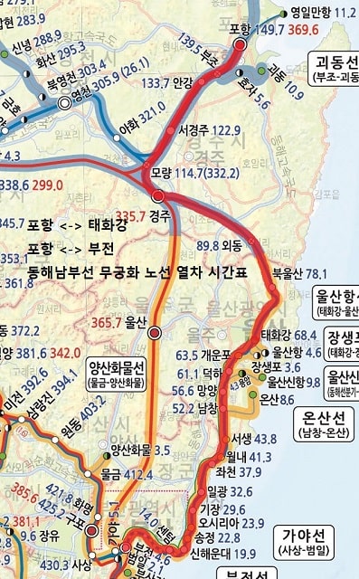 포항 동해남부선 무궁화 노선 부전 태화강 기차 시간표