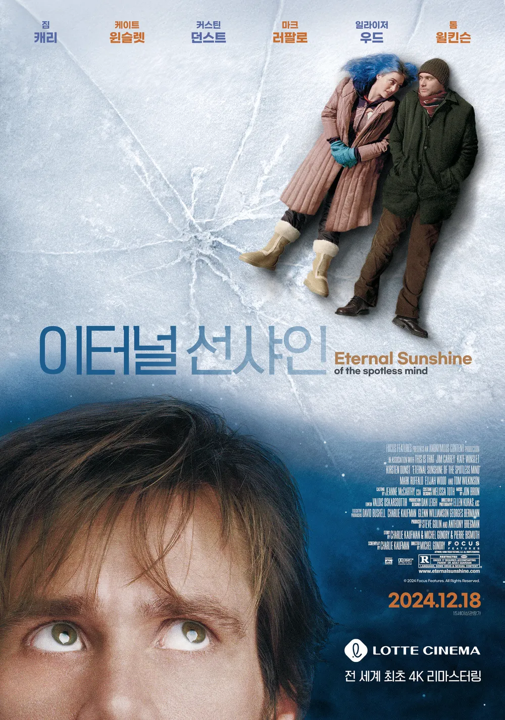 이터널 선샤인 영화 포스터 – 조엘과 클레멘타인이 서로를 바라보는 장면, 감성적인 분위기의 로맨스 영화