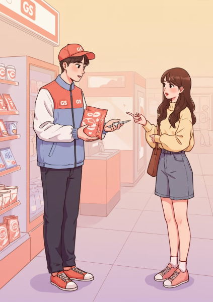 편의점 점원이 배송지연과 예약취소에 대해 묻는 것을 답해주는 모습 일러스트