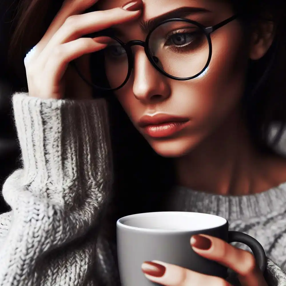 커피와 두통의 관계를 설명하기 위해 두통이 있는 사람이 커피를 들고 있는 모습
