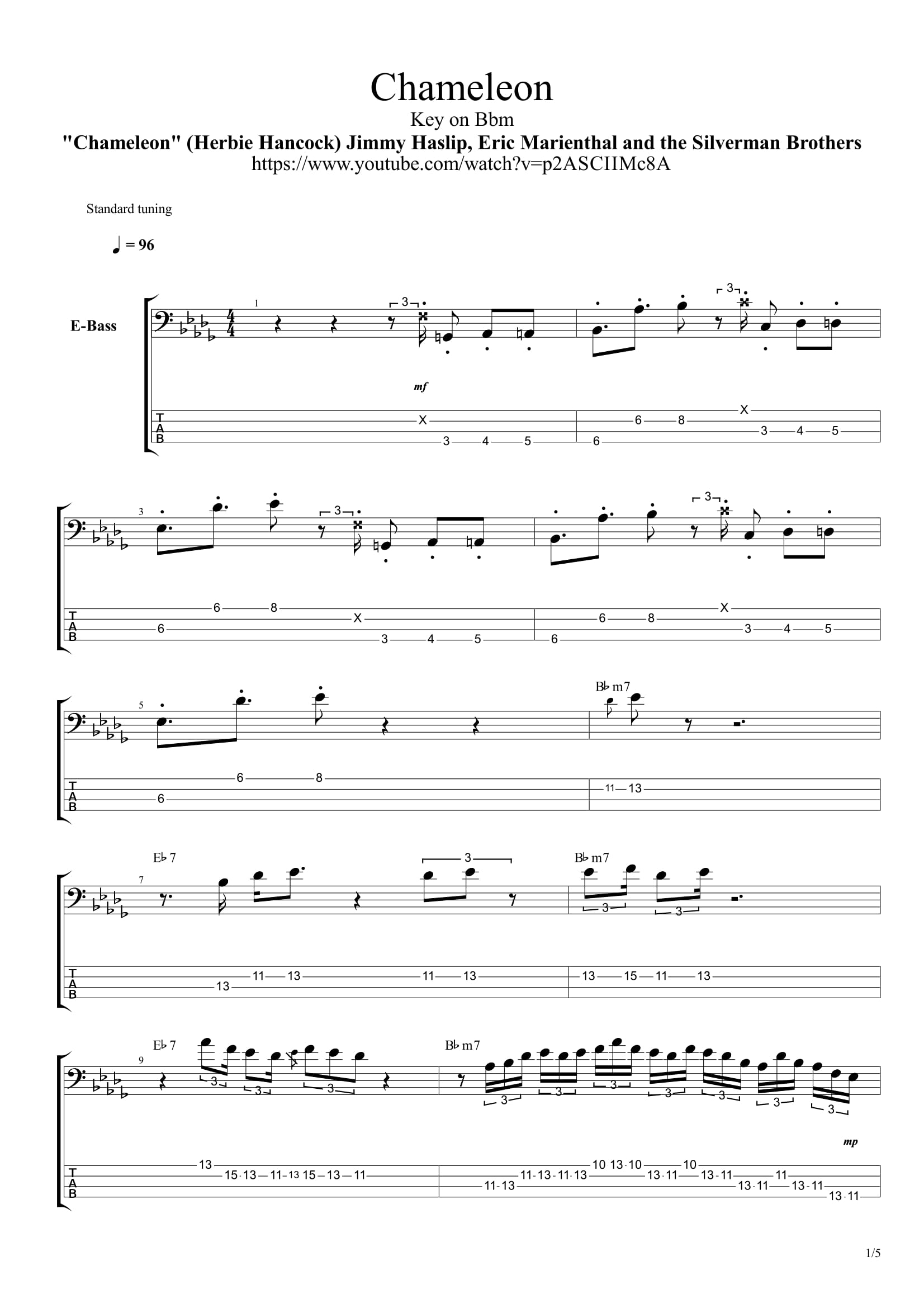 Chameleon - Jimmy Haslip's Bass Solo (Original song by Herbie Hancock) [베이스  악보 / Bass Tab Score]