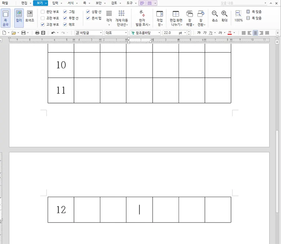 한글에서 표가 다음 페이지로 넘어간 모습
