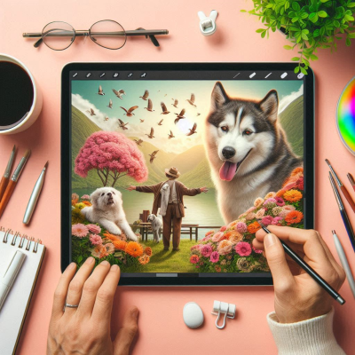 타블렛을 사용해 동물을 그리고 있는 모습