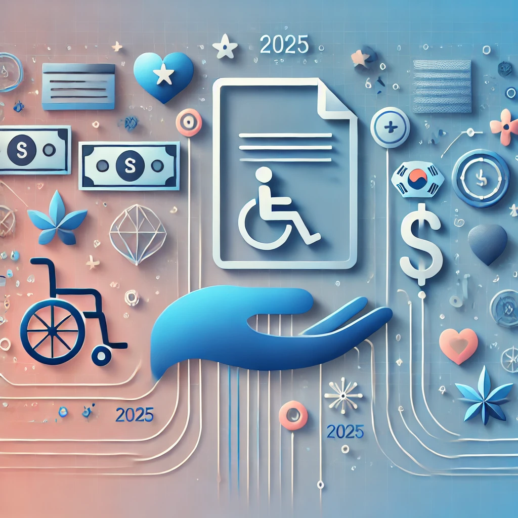 2025 장애인 지원금에 대한 혜택과 신청법을 정리한 인포그래픽 스타일의 일러스트