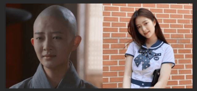 경순공주역의 최다혜가 극중에 삭발을 하고 있는 모습과 교복을 입을 모습을 배열한 사진이다.
