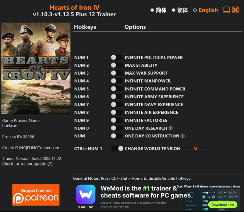  [트레이너] 한글판 하츠 오브 아이언4 Plus 12 최신 트레이너 Hearts of Iron IV v1.10.3-v1.12.5 Plus 12 Trainer