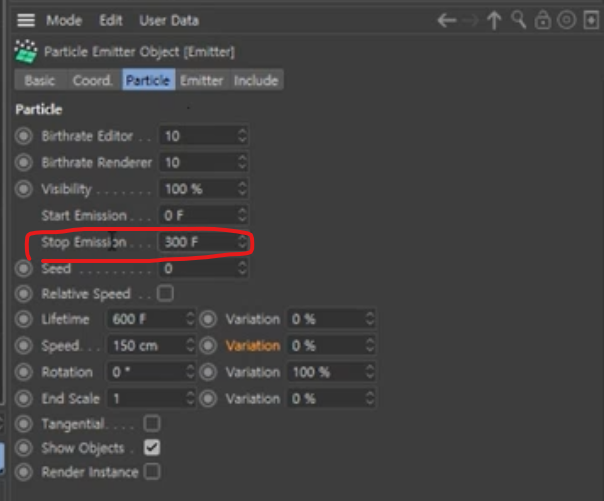 Stop Emission의 값 300