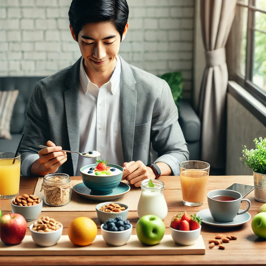 균형 잡힌 아침 식사로 하루를 준비하는 직장인