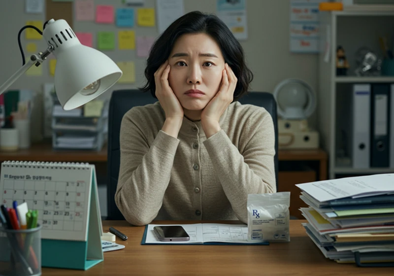 30대 한국 여성, 어수선한 책상, 멍한 표정, 성인 ADHD, 주의력 결핍, 기억력 감퇴, 딴생각, 불안, 혼란, 희망, 처방전, 약 봉투, 캘린더, 메모지, 스마트폰, 흐릿한 배경, 부드러운 조명, 차분한 색감