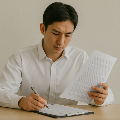 보험 서류를 확인하며 필기하는 남성의 모습이 담긴 정사각형 이미지