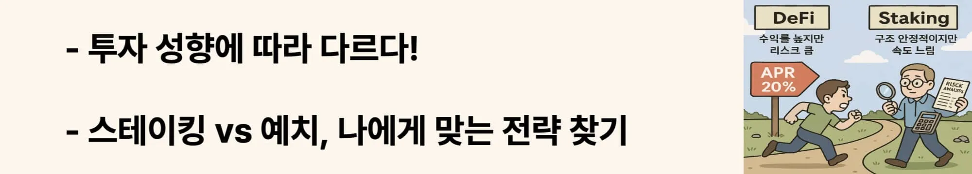 ‘장기 vs 단기, 나에게 맞는 수익 전략은?’이라는 문구가 포함된 웹배너 이미지. 이 이미지는 투자자 성향에 따른 스테이킹과 디파이 예치 전략 선택 가이드를 설명하며, 블로그의 암호화폐 수익 전략 비교 주제와 관련된 내용을 전달함 (staking defi investor strategy).
