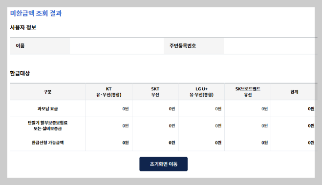 미환급액 조회 결과