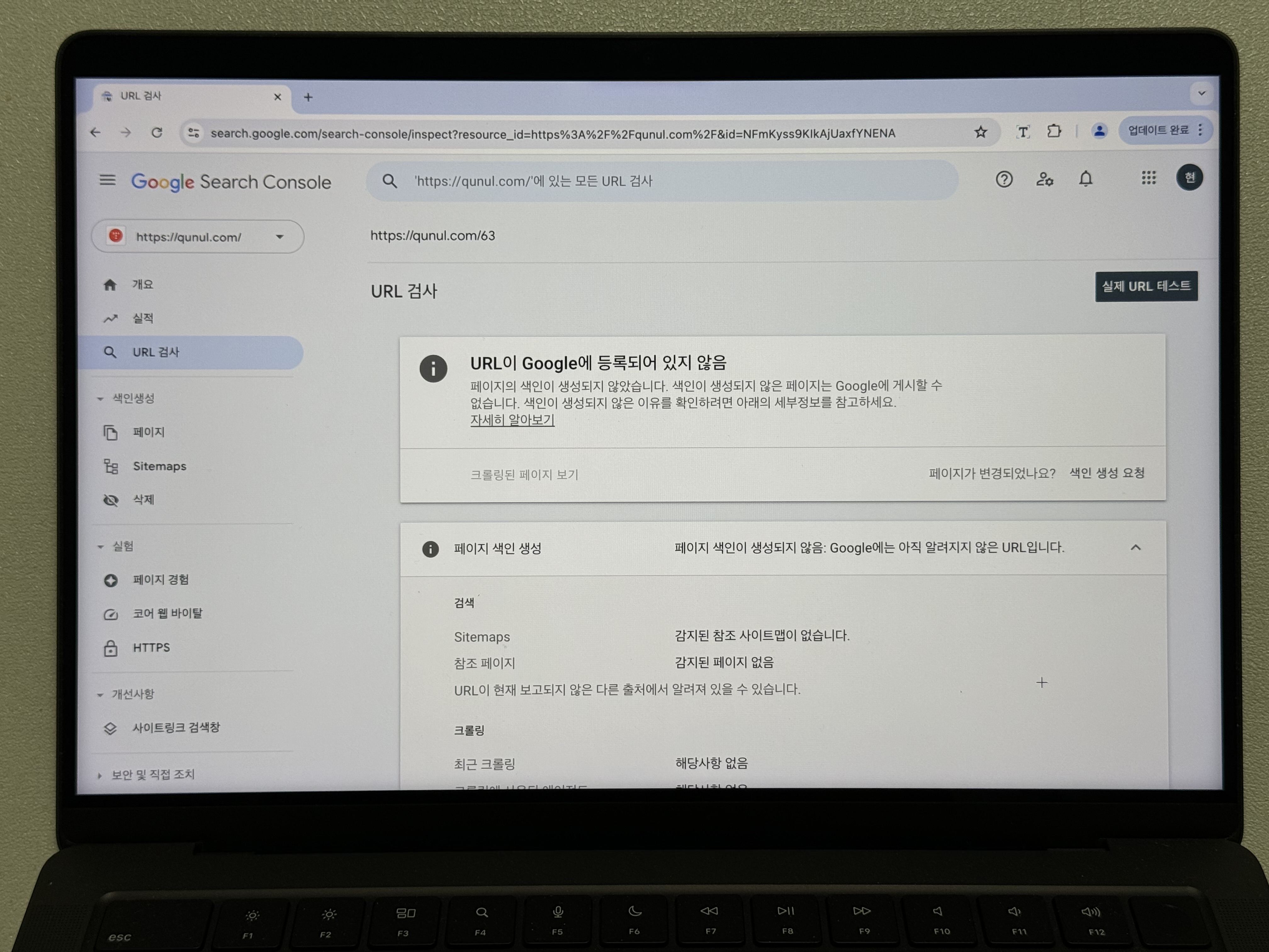 구글 서치콘솔 URL 검사 색인 생성되지 않은 페이지 사진