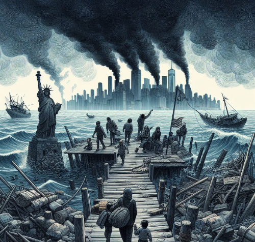 기후위기-기후난민-상상-그림-미국-자유의여신상-검은연기-파괴된도시-떠나는사람들