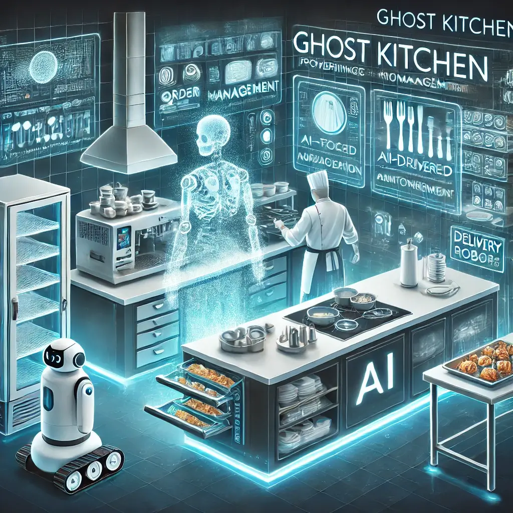로봇 팔, AI 주문 관리, 스마트 푸드 로커 등 미래형 주방 요소가 포함되어 있어요