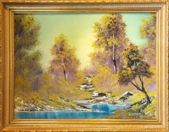 미국의 화가 밥 로스가 자신의 그림 방송 &#39;그림 그리기의 즐거움(The Joy fo Painting)&#39; 1화에서 그렸던 작품 &#39;숲속의 산책(A Walk in the Woods)&#39; 모던 아티팩트 홈페이지.