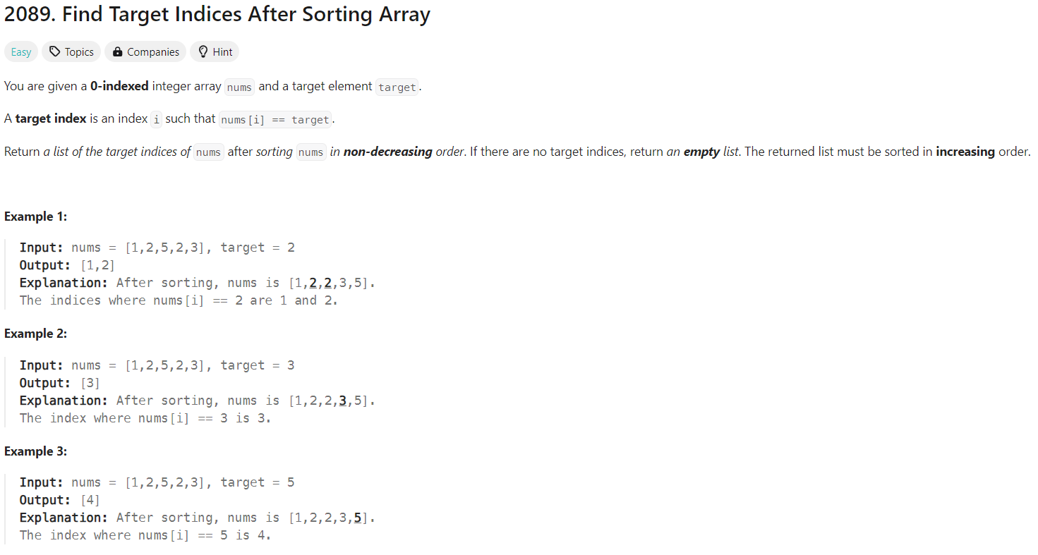 [99클럽 코테 스터디] 22일차 TIL - 정렬, Find Target Indices After Sorting Array