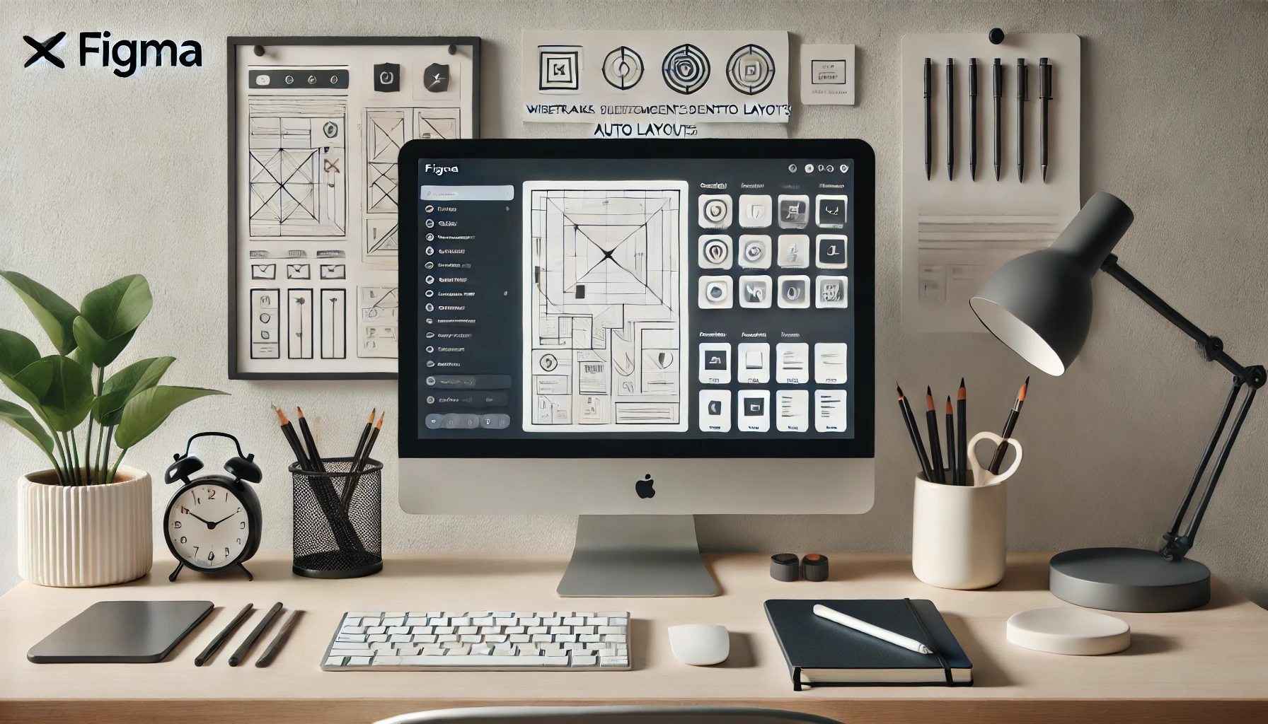 피그마(Figma)의 기본 사용법과 실용적인 디자인 팁을 잘 보여줄 수 있는 전문적이고 깔끔한 작업 공간 이미지