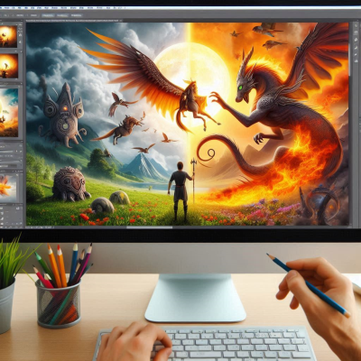 디지털 화면에 환상적인 풍경을 창조하는 모습