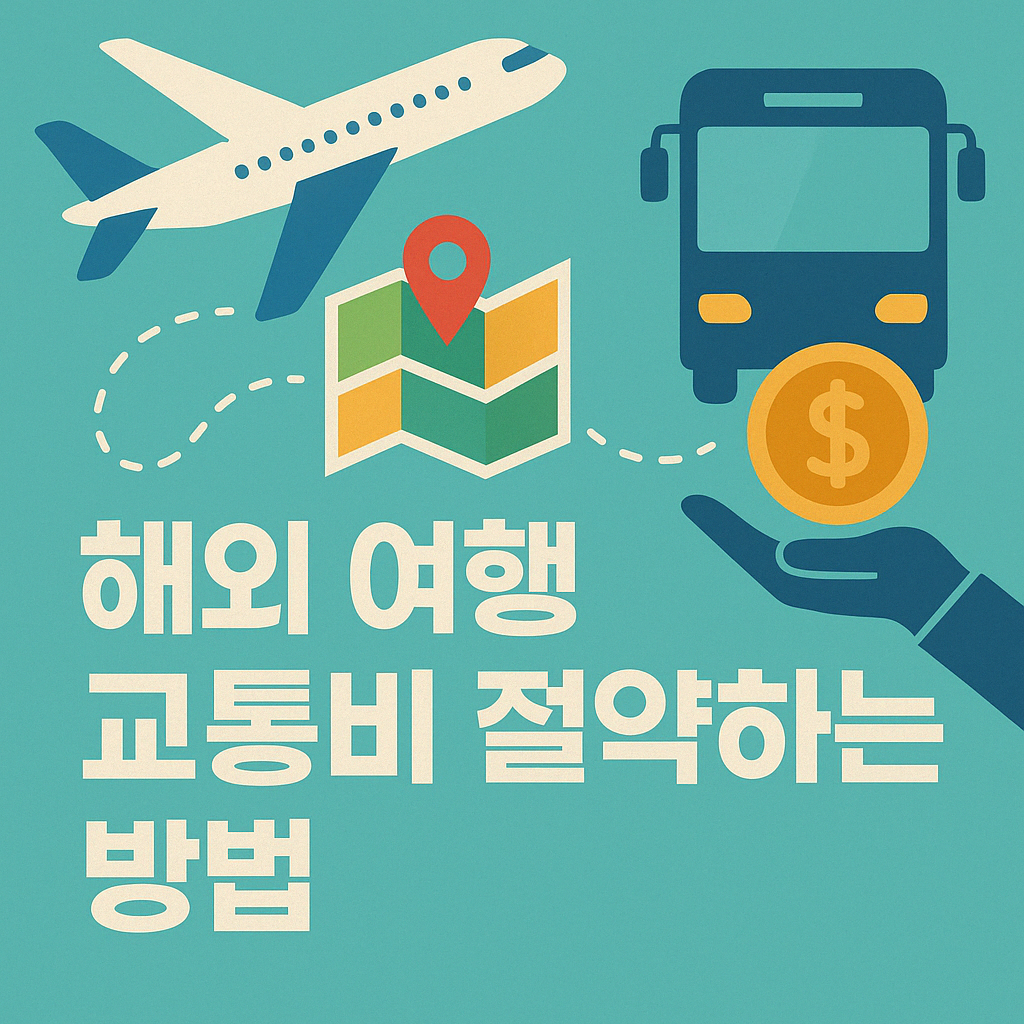 여권과 항공권을 든 여행자가 세계지도를 배경으로 교통비를 절약하는 방법을 계획하는 모습을 담은 일러스트 이미지입니다. 비행기, 기차, 버스 아이콘들이 함께 구성되어 있어 해외여행 교통비 절감을 시각적으로 표현합니다.