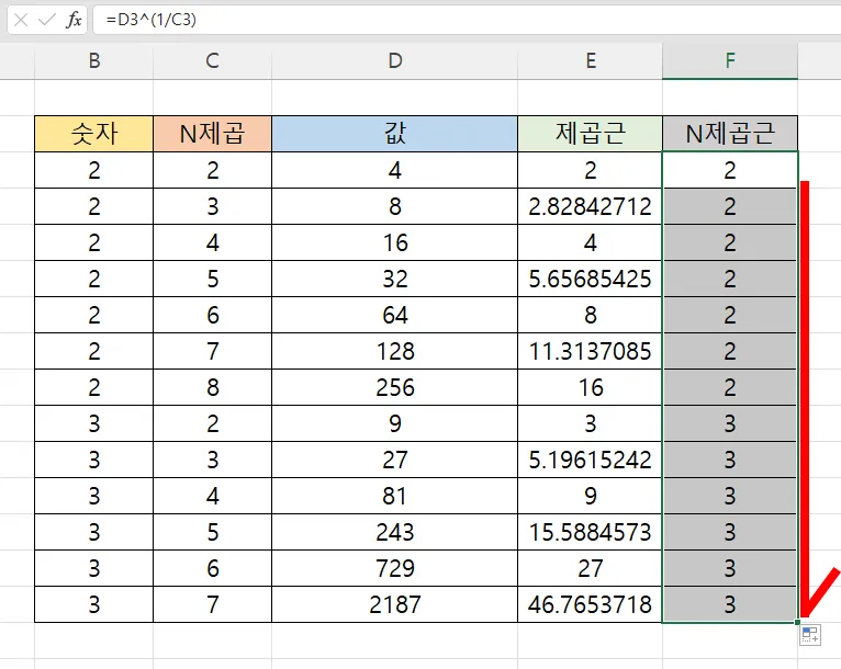 엑셀에서 n제곱근을 구한 후 자동 채우기를 한 모습