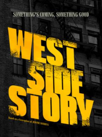 뮤지컬 웨스트 사이드 스토리 포스터 검은색 바탕에 노란색 영문으로 WEST SIDE STORY가 적혀있다