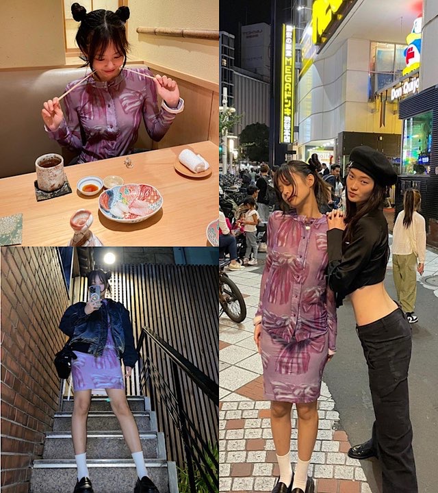 도쿄 여행을 하며 초밥을 먹고 있는 제니 사진입니다. 양갈래 머리를 하고 아크네 스튜디오의 보라색 투피스를 입고 사진을 찍었습니다.
