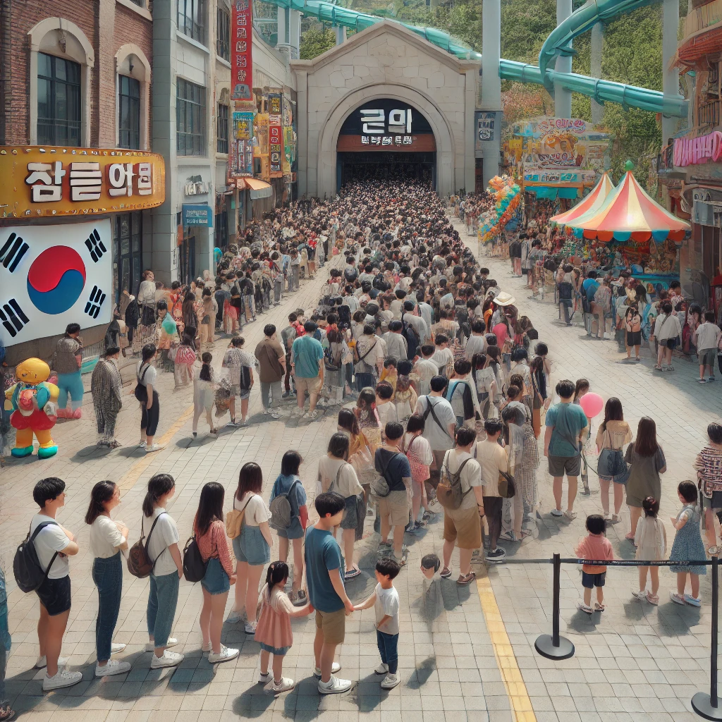 어린이날 놀이공원 입구에서 줄 서 있는 가족들