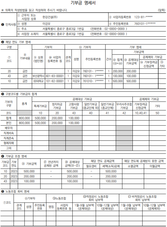[기부금지급명세서 작성 예시 이미지]