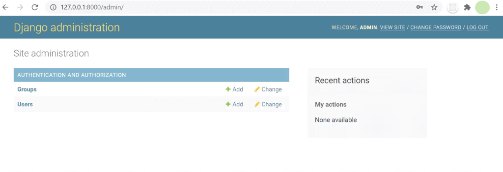 성공적으로-장고-관리자-페이지에-접속한-모습