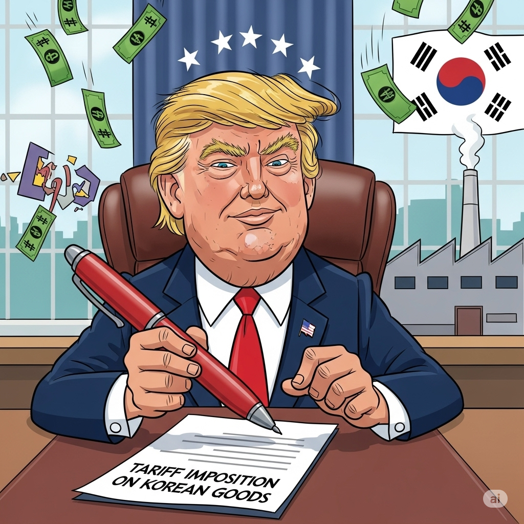 English:
Cartoon illustrating Samsung and LG potentially impacted by US tariffs, with a downward arrow from the Statue of Liberty.
Comic strip showing worried investors and a wizard explaining tariff-affected items like refrigerators and washing machines.
South Korean companies Samsung and LG facing US trade policies, visualized with a tariff summary.
Korean:
๋ฏธ๊ตญ ๊ด์ธ๋ก ํ์ฒญ์ด๋ ์ผ์ฑ๊ณผ LG๋ฅผ ๋ฌ์ฌํ ๋งํ ์ด๋ฏธ์ง, ์์ ์ ์ฌ์ ์๊ณผ ํ๋ฝ ํ์ดํ ํฌํจ.
๊ด์ธ ์ํฅ์ผ๋ก ํฌ์ ๋ถ์์ ๊ฒช๋ ์ฌ๋๋ค๊ณผ ๊ด์ธ ํ๋ชฉ์ ์ค๋ช
ํ๋ ๋ง๋ฒ์ฌ๋ฅผ ๊ทธ๋ฆฐ ๊ทธ๋ฆผ.
์ผ์ฑ ๋ฐ LG ๊ธฐ์
์ ๋ํ ๋ฏธ๊ตญ ๊ด์ธ ๋ถ๊ณผ์ ๊ทธ์ ๋ฐ๋ฅธ ํฌ์ ์ํฅ์ ์๊ฐํํ ์ผ๋ฌ์คํธ.
Japanese:
ใตใ ในใณใจLGใ็ฑณๅฝ้ข็จใฎๅฝฑ้ฟใๅใใๆงๅญใๆใใๆผซ็ปใ่ช็ฑใฎๅฅณ็ฅใจไธๅใ็ขๅฐใ็นๅพดใ
้ข็จใซใใฃใฆๆ่ณใซไธๅฎใๆฑใไบบใ
ใใๅฏพ่ฑกๅ็ฎใ่ชฌๆใใ้ญๆณไฝฟใใฎใคใฉในใใ
้ๅฝไผๆฅญใตใ ในใณใจLGใซๅฏพใใ็ฑณๅฝ้ข็จใฎๅฝฑ้ฟใจๆ่ณใฎ้ข้ฃๆงใ็คบใใใธใฅใขใซใ
Chinese (Simplified):
ๆ็ปไธๆๅLGๅฏ่ฝๅๅฐ็พๅฝๅ
ณ็จๅฒๅป็ๅก้๏ผ็ป้ขไธญๅ
ๅซ่ช็ฑๅฅณ็ฅๅๅๅไธ็ฎญๅคดใ
ๆผซ็ปๆกๆ็ปไบๆ
ๅฟง็ๆ่ต่
ๅไธไธชๅทซๅธ่งฃ้ๅๅ
ณ็จๅฝฑๅ็็ฉๅ๏ผๅฆๅฐ็ฎฑๅๆด่กฃๆบใ
ๅฑ็ฐ้ฉๅฝๅ
ฌๅธไธๆๅLG้ขไธด็พๅฝ่ดธๆๆฟ็ญๅฝฑๅ๏ผๅนถๆป็ปๅ
ณ็จ็ธๅ
ณ้กน็ฎ็่ง่งๅพใ
Spanish:
Caricatura que ilustra a Samsung y LG posiblemente afectadas por aranceles estadounidenses, con una flecha descendente de la Estatua de la Libertad.
Tira cómica que muestra a inversores preocupados y un mago explicando los artículos afectados por los aranceles, como refrigeradores y lavadoras.
Empresas surcoreanas Samsung y LG frente a políticas comerciales de EE. UU., visualizado con un resumen arancelario.
French:
Dessin animé illustrant Samsung et LG potentiellement impactés par les tarifs américains, avec une flèche descendante depuis la Statue de la Liberté.
Bande dessinée montrant des investisseurs inquiets et un magicien expliquant les articles affectés par les tarifs, comme les réfrigérateurs et les machines à laver.
Entreprises sud-coréennes Samsung et LG confrontées aux politiques commerciales américaines, visualisé avec un résumé tarifaire.