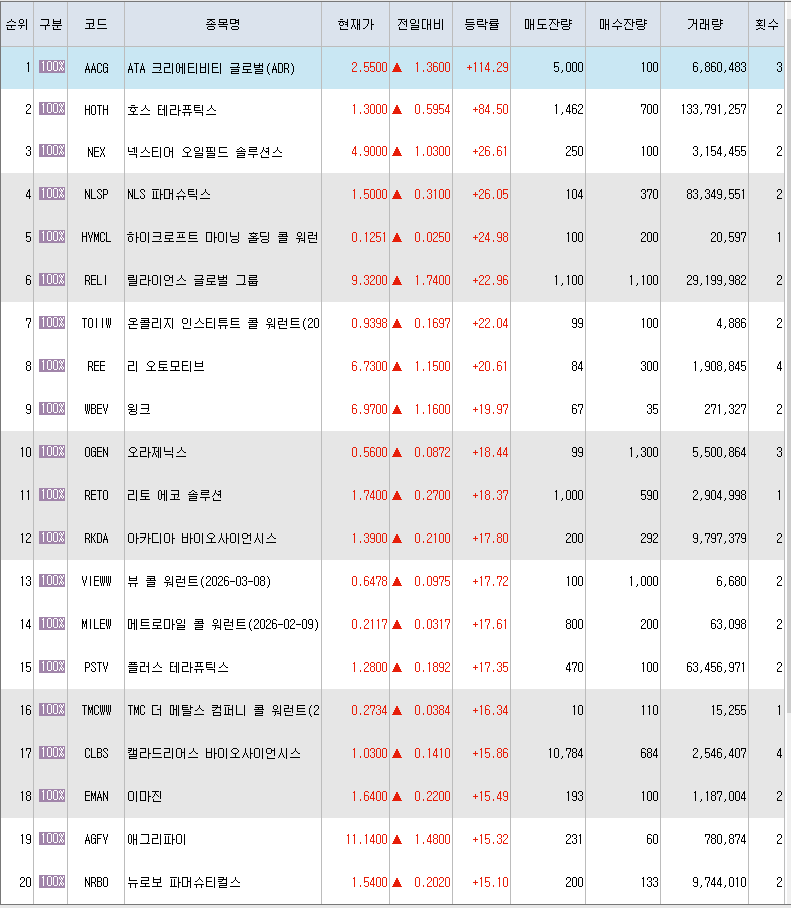  1월4일 미국주식 상승률 상위 종목 TOP 300