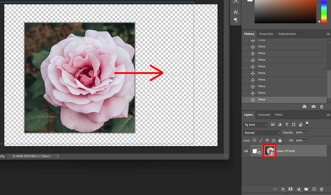 어도비 포토샵으로 프레임 툴을 활용하여 이미지를 자른 후 이동하는 모습