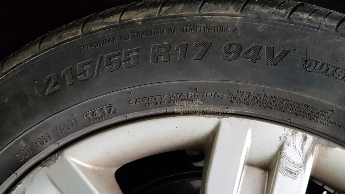 타이어 옆면에 표시된 타이어크기 정보와 제조년월 표시