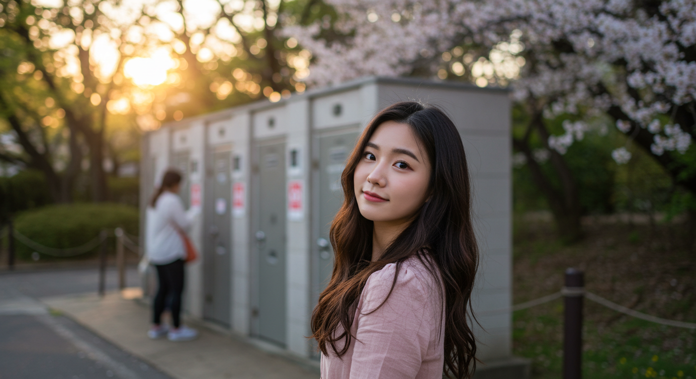 화장실을 배경으로 사진을 찍는 여자
