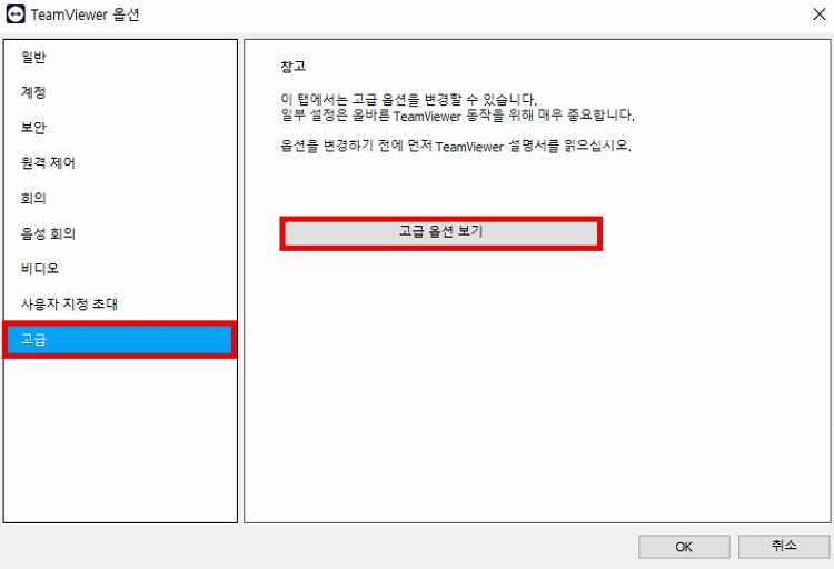 팀뷰어 고급 옵션 보기