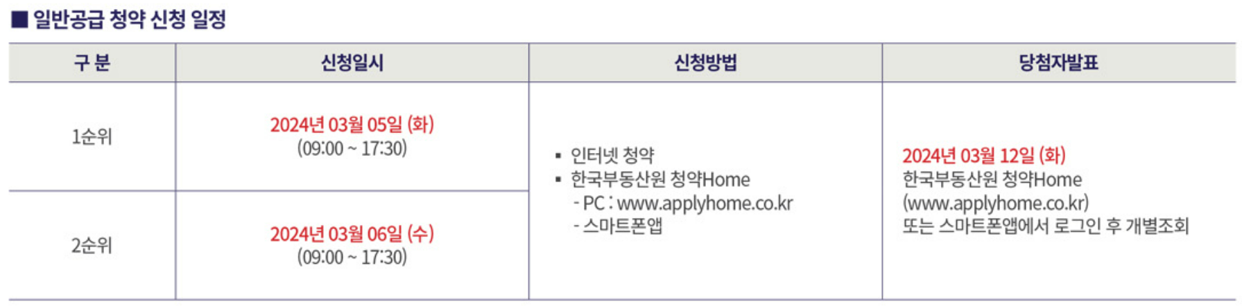 특별공급 및 일반공급 청약 일정