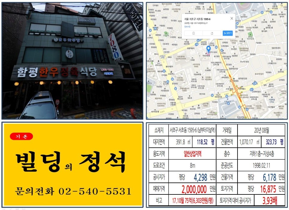  [서초구 일반상업지역 200억 꼬마빌딩 실거래가 조회] 서초동 1595-6 (남부터미널역) 200억 원, 평당 1억 6,875만 원 매매되었습니다. 125억 매각차익