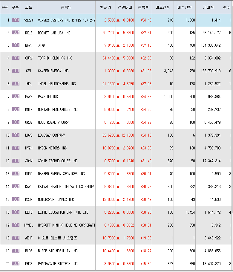  9월9일 미국주식 상승률 상위 종목 TOP 300