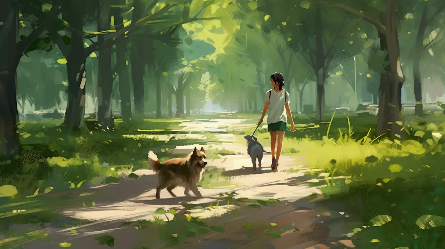 A girl taking a walk with her dog in a park with a lush green background.