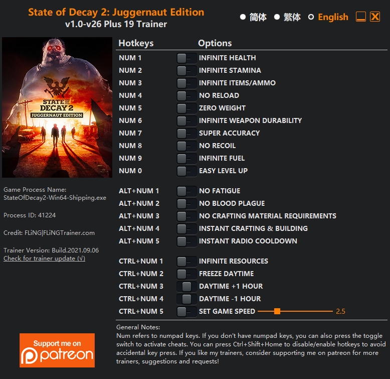  [트레이너] 스테이트 오브 디케이 2 : 저거너트 에디션  최신 영문판 State of Decay 2: Juggernaut Edition v1.0-v26+ Plus 19 Trainer