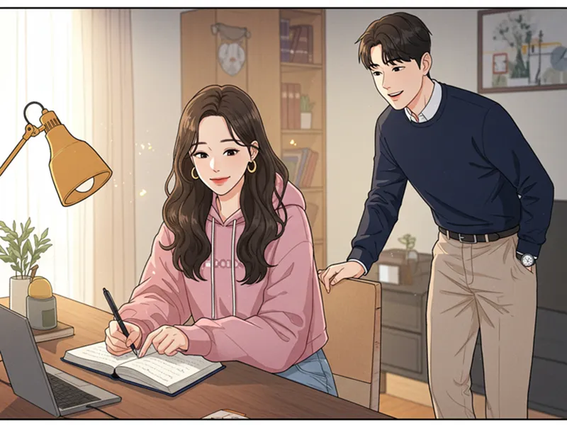 자신을 이해하기 위해 일기를 쓰는 여성과 미소짓는 남성.