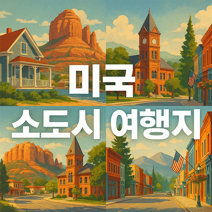 미국의 감성 소도시 여행을 표현한 빈티지 스타일의 일러스트 — 작은 마을, 도로, 고풍스러운 간판과 미국 국기 색감을 배경으로 구성된 장면