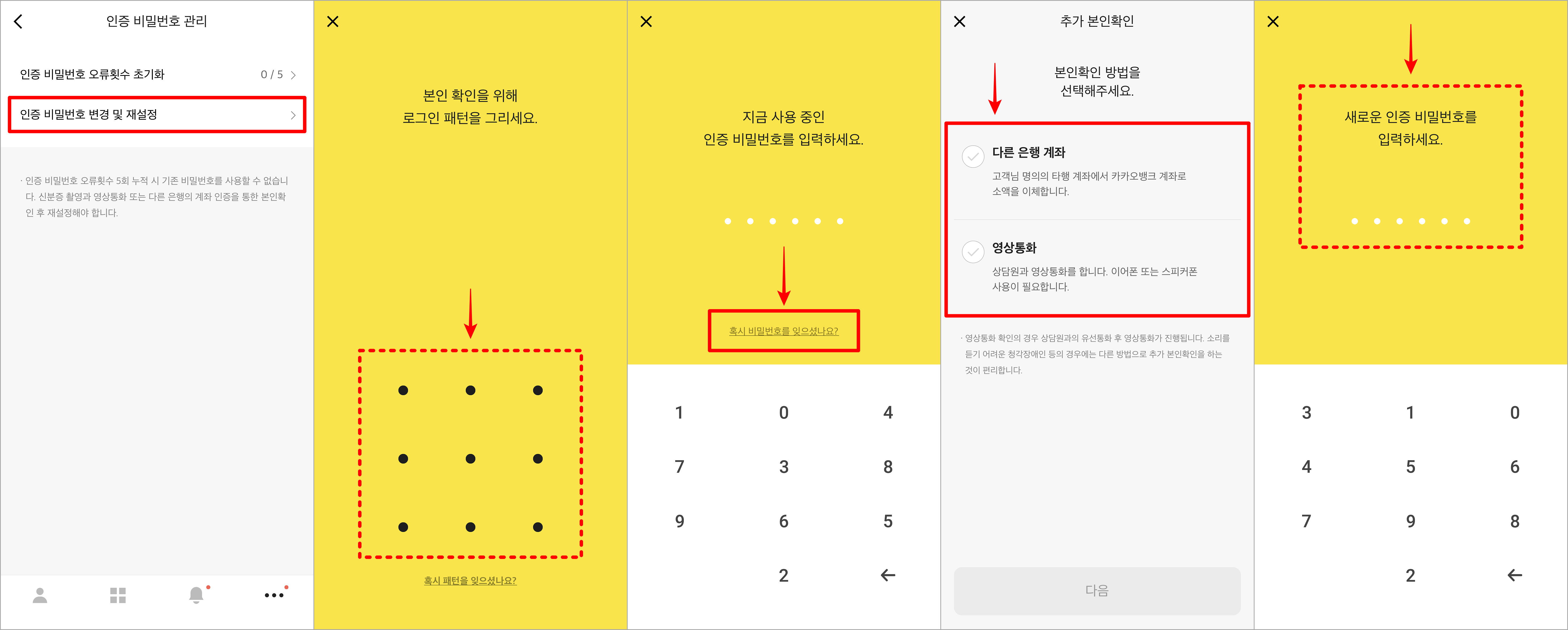 카카오뱅크의 인증 비밀번호에 대하여 재설정을 진행하는 절차를 설명한 이미지